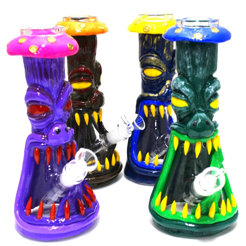 10.5 Inch Beaker Base Monster Design Glass Water Pipe Featuring Colorful Monster Graphics, Decorative Glass Details, and a Wide Beaker Base for Retail Displays and Wholesale Supply.