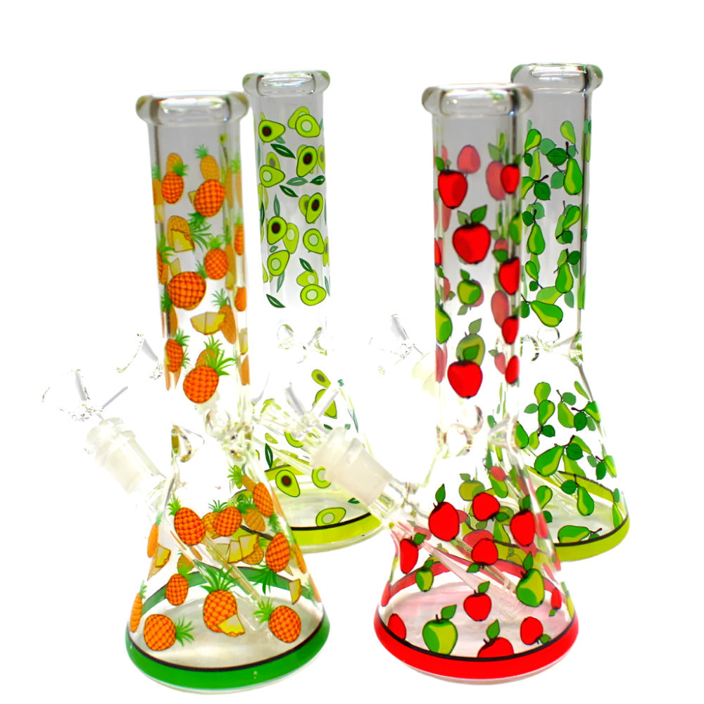 10 Inch Beaker Glass Water Pipe with Colorful Fruit Decal Artwork, 14mm Male Glass Bowl, and Glass-on-Glass Connection Design