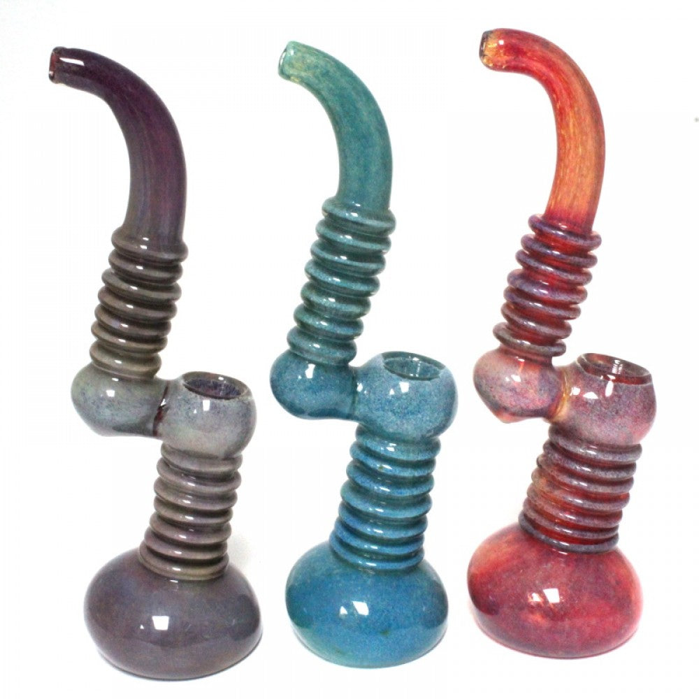 10-inch tall blue purple ribbed heavy-duty glass bubbler featuring a large size, textured design, vibrant colors, and sturdy glass construction.