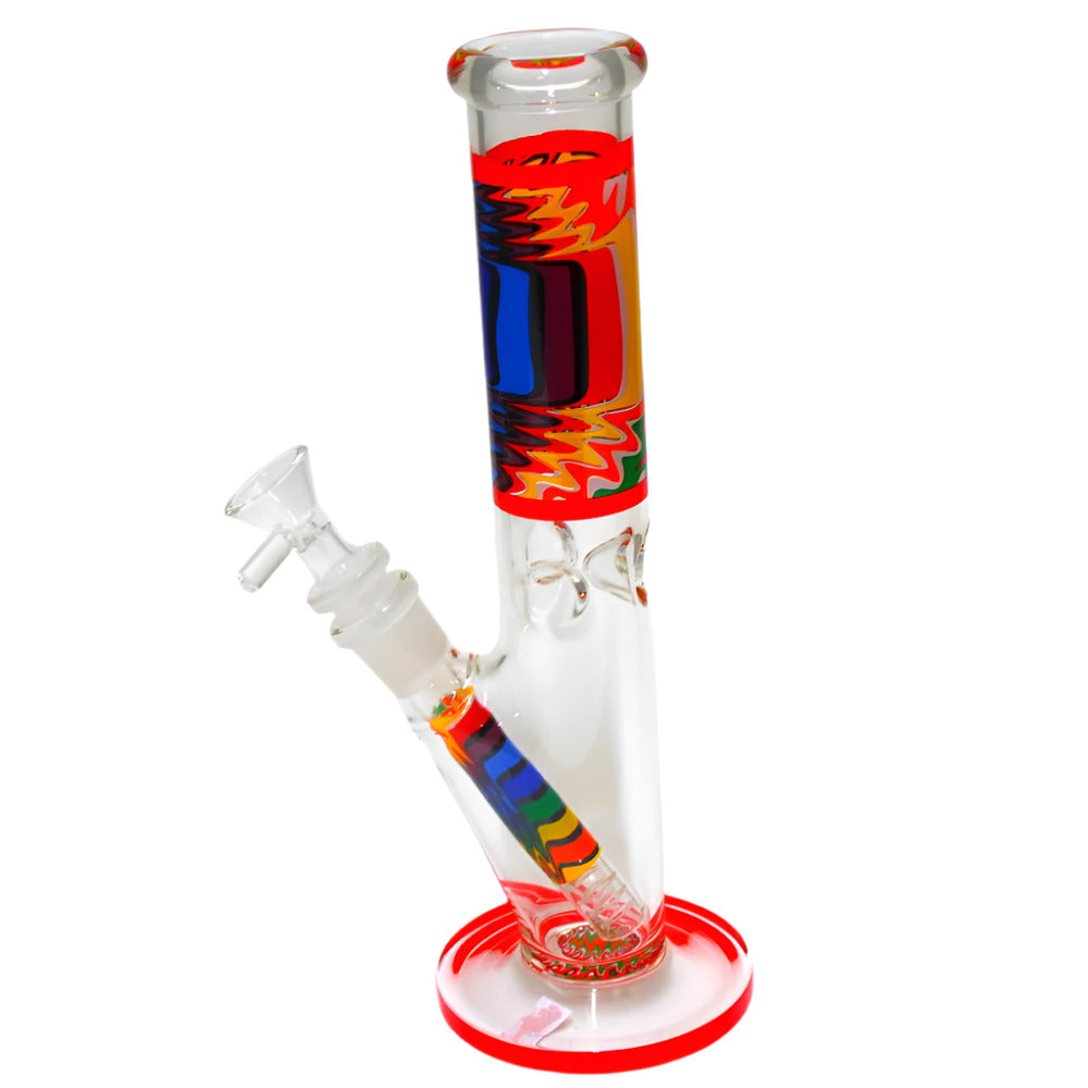 10 Inch Straight Glass Water Pipe with Flat Bottom Base and Unique Multi Color Artistic Design