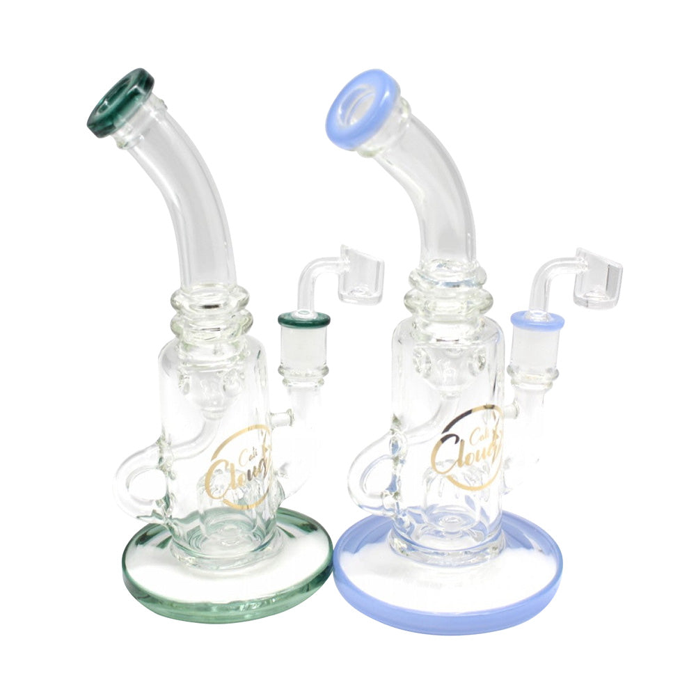 10-inch Cali Cloudx flat bottom handled water pipe with 14mm male banger, featuring durable glass construction, stable base, convenient handle, and sleek polished design.