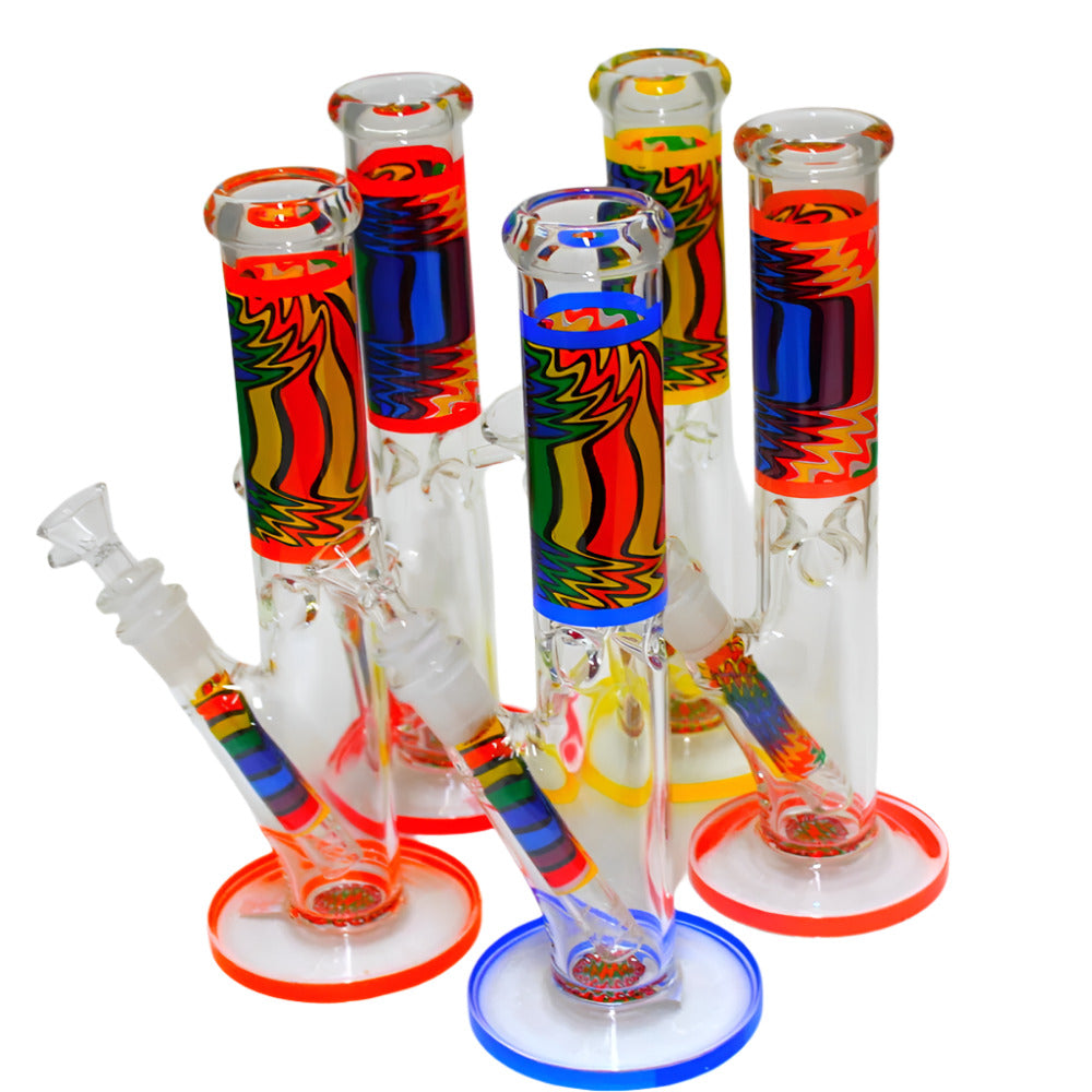 10 Inch Flat Bottom Straight Glass Water Pipe with Colorful Artistic Design and a Stable Base