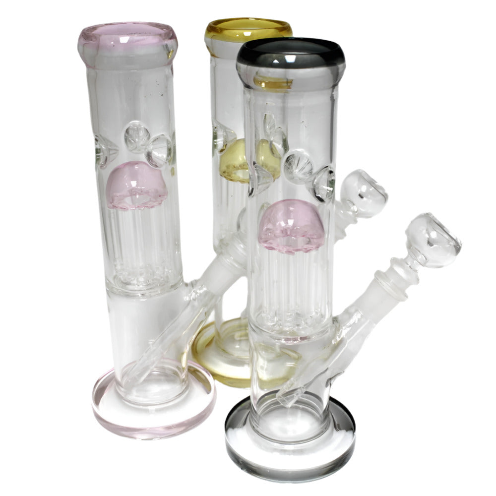 10 Inch Flat Bottom Tree Percolator Water Pipe Featuring a Built-In Tree Percolator, Clear Glass Construction, Stable Flat Base, and Sleek Modern Design for Retail and Wholesale Supply