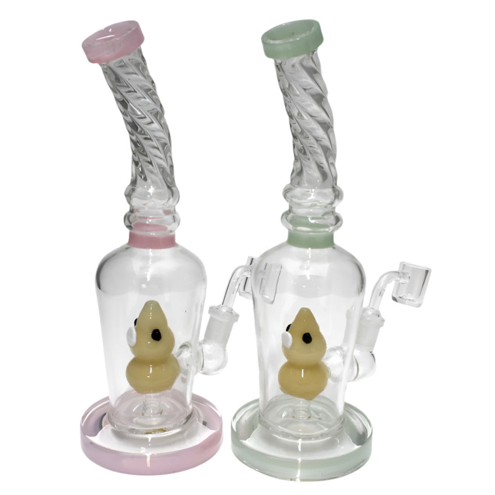 10 Inch Flat Bottom Twisted Top Glass Water Pipe Featuring a Unique Twisted Design, Stable Flat Base, and 14mm Male Banger for Retail and Wholesale Supply