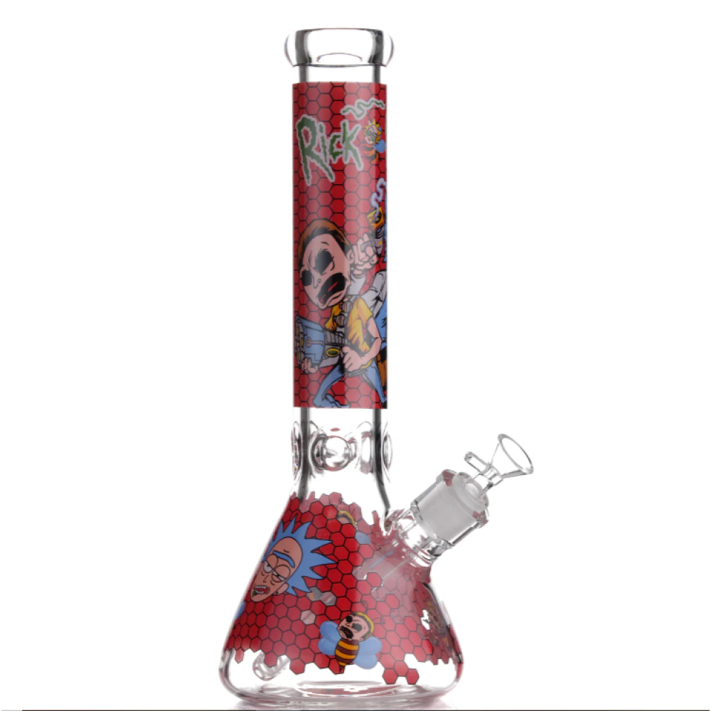 10 Inch Colorful Printed Beaker Water Pipe with Decorative Glass Decals, 14mm Male Bowl, and a Wide Flat Base for Stability