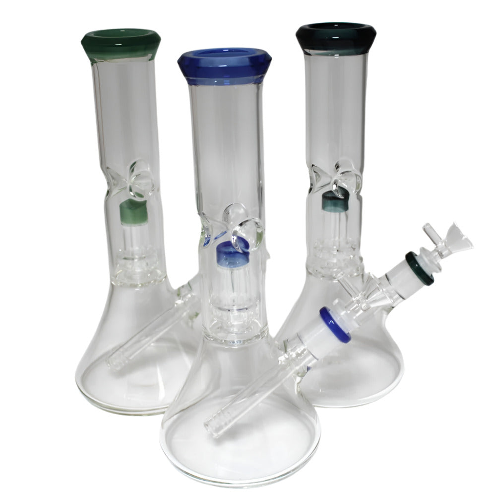 11 Inch Beaker Glass Water Pipe with Dome Design Percolator, Featuring a Wide Stable Base, Distinctive Percolator Structure, and Stylish Glass Construction for Retail and Wholesale Collections.