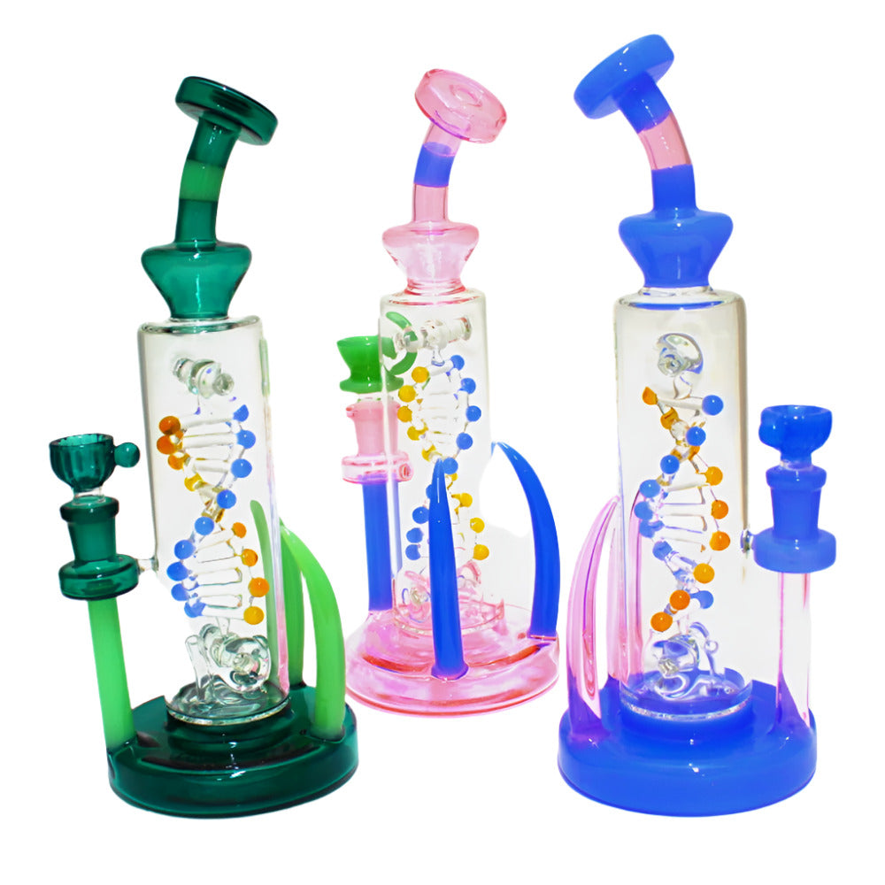 11 Inch Rotating DNA Design Spinner Glass Water Pipe Featuring a Unique DNA-Inspired Structure and 14mm Male Banger for Retail Displays and Wholesale Collections.