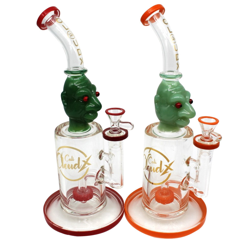 11-inch Cali Cloudx skull thick glass water pipe with 14mm male banger, featuring a bold skull design, durable glass construction, stable base, and smooth polished finish.