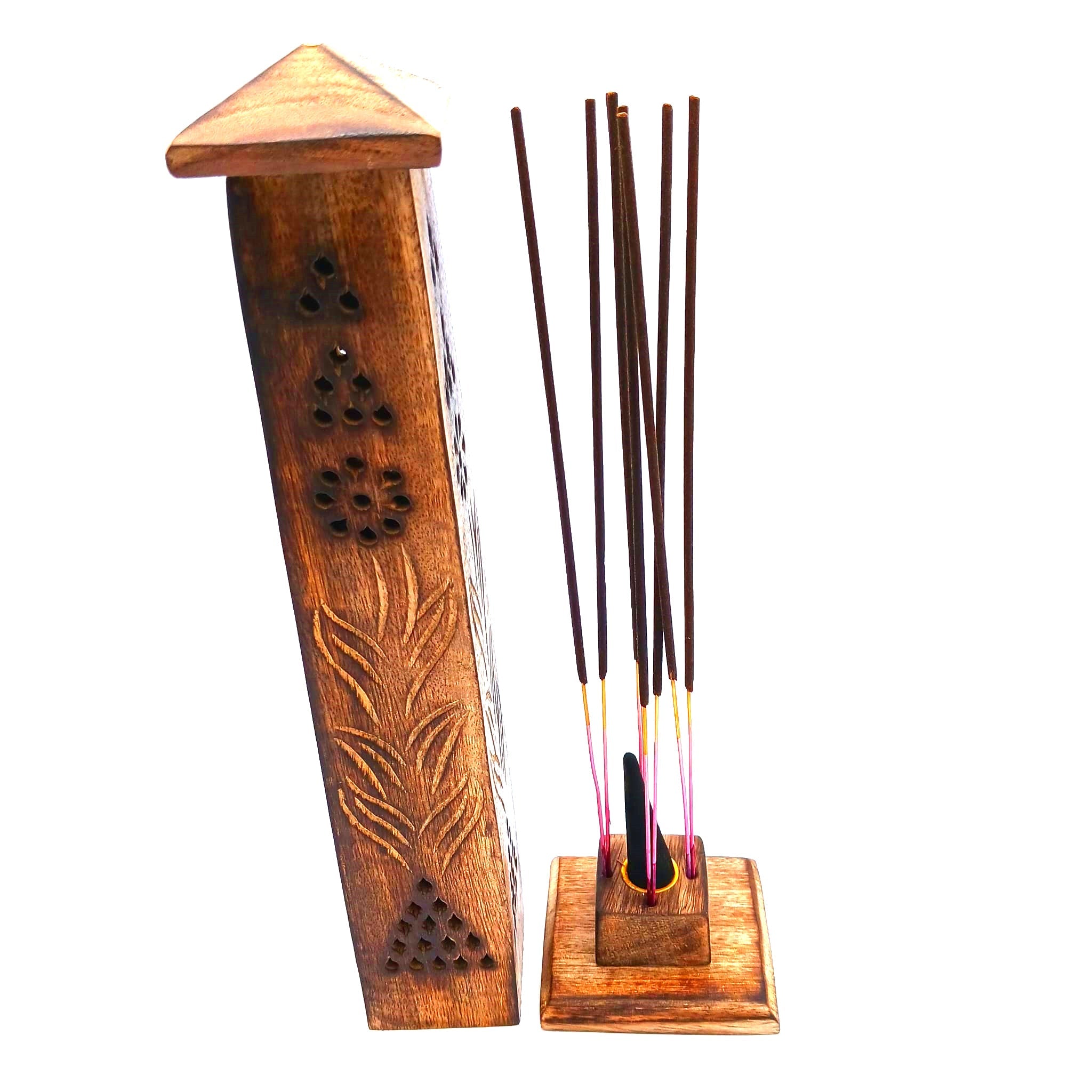 Natural wood 2-in-1 incense holder with stand, 12 inches long