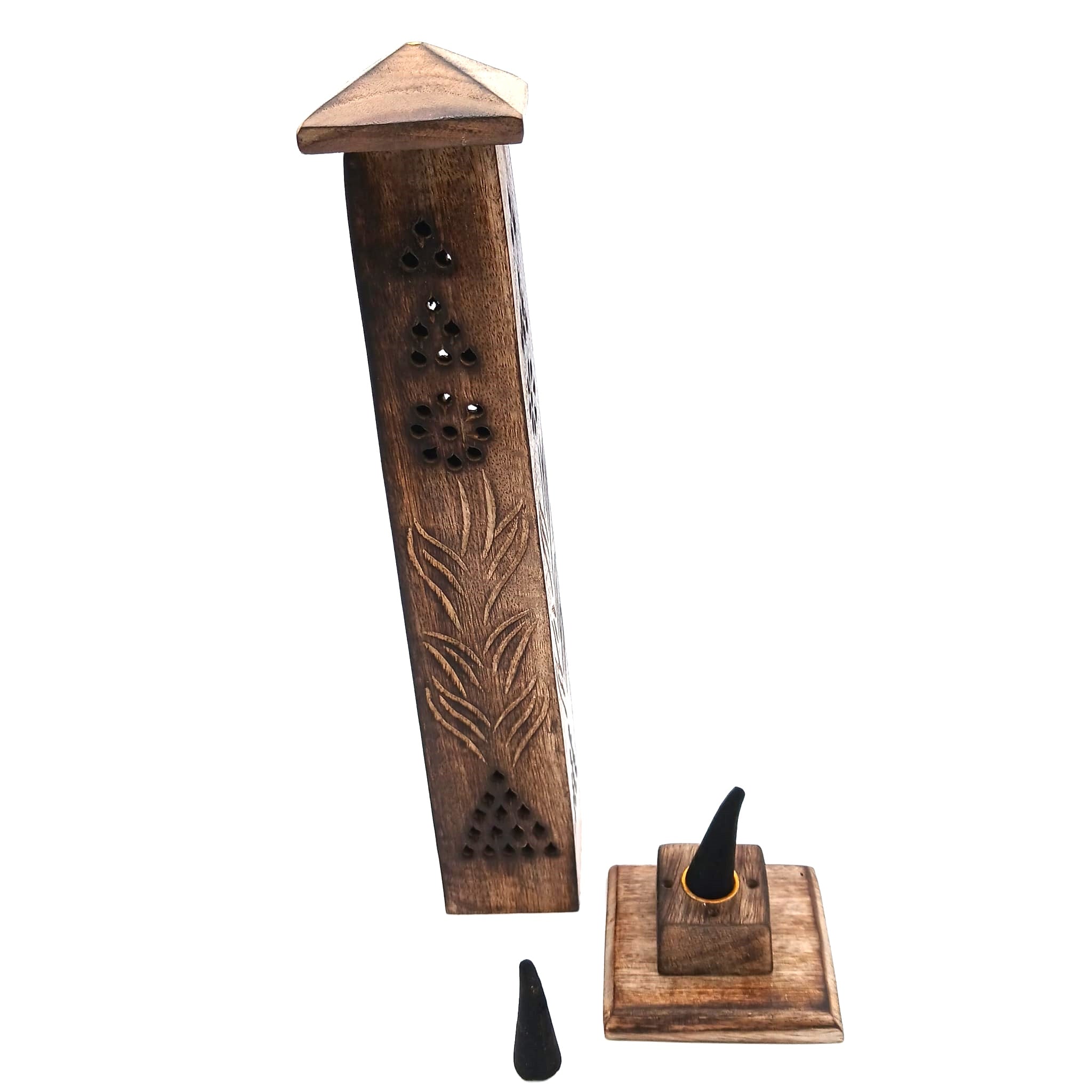 12'' Wooden Stand Incense Holder For Cone & Incense 2 In 1
