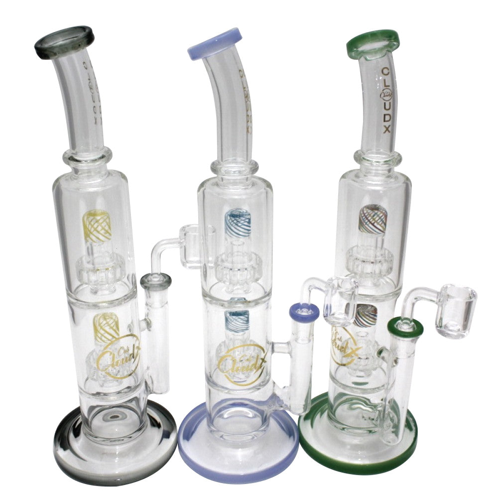 13-inch Cali Cloudx double shower head percolator water pipe featuring dual shower head percolators, durable glass construction, stable base, and 14mm male banger.