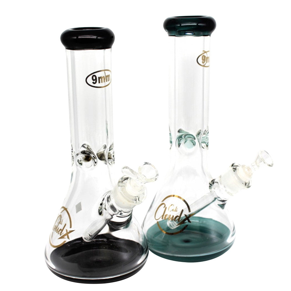 13-inch Cali Cloudx colored beaker water pipe featuring a 14mm joint, durable glass construction, stable beaker base, colorful accents, and smooth polished finish.
