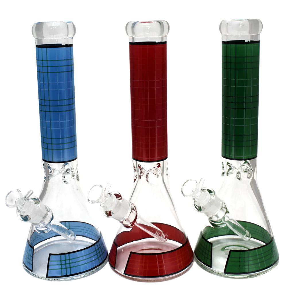 14-inch 9mm thick beaker base water pipe with colored base and clear heavy-duty glass, includes 14mm male bowl and glass-on-glass connection