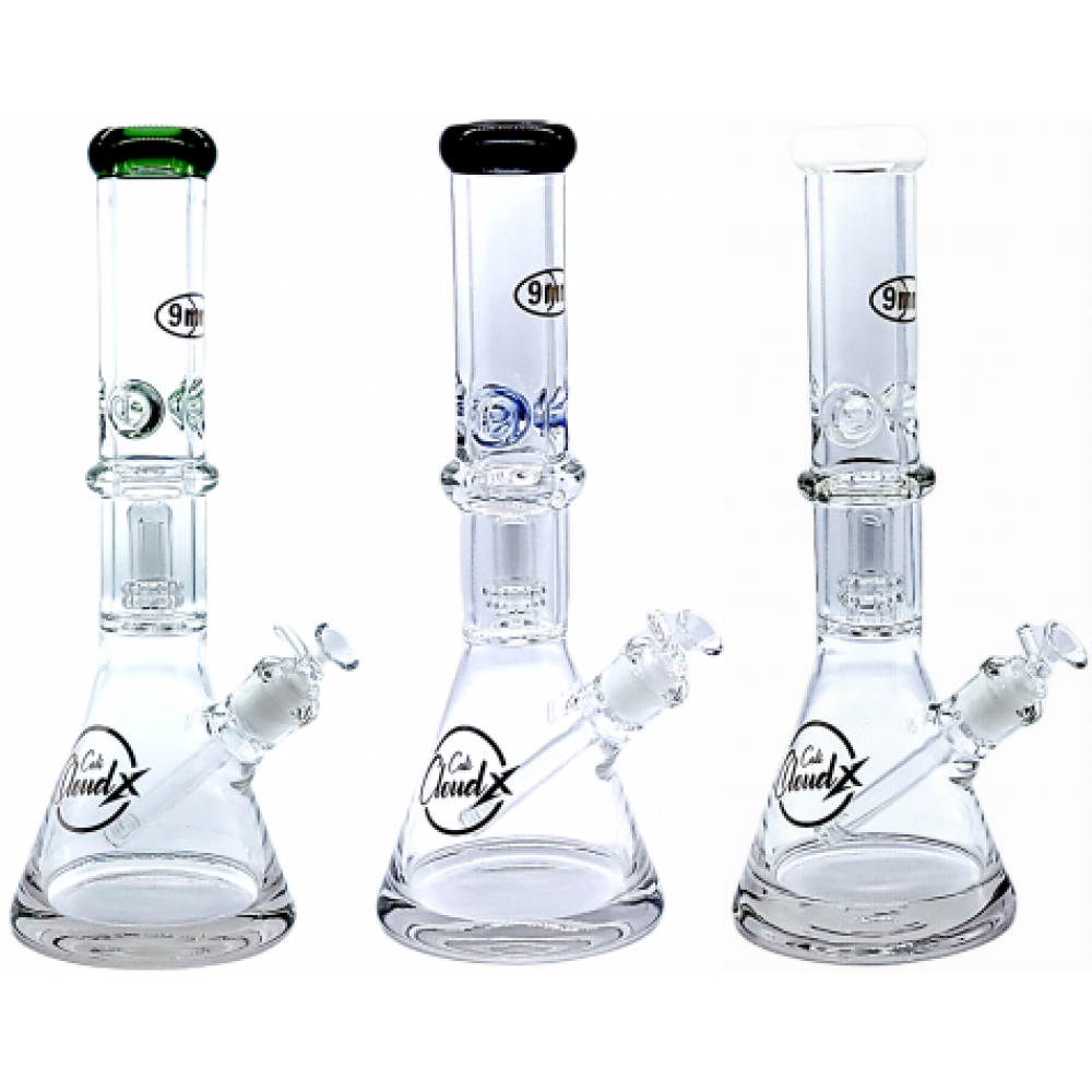 15-inch double-ring percolator glass water pipe featuring 9mm thick glass construction, a stable base, durable build, smooth polished finish, and Cali Cloudx design.