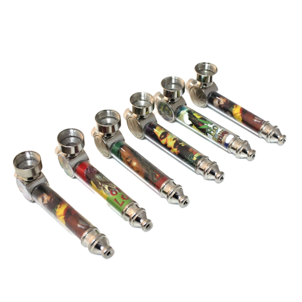 3.5-inch picture art design metal hand pipe featuring colorful printed artwork, durable metal construction, compact size, and distinctive styling.
