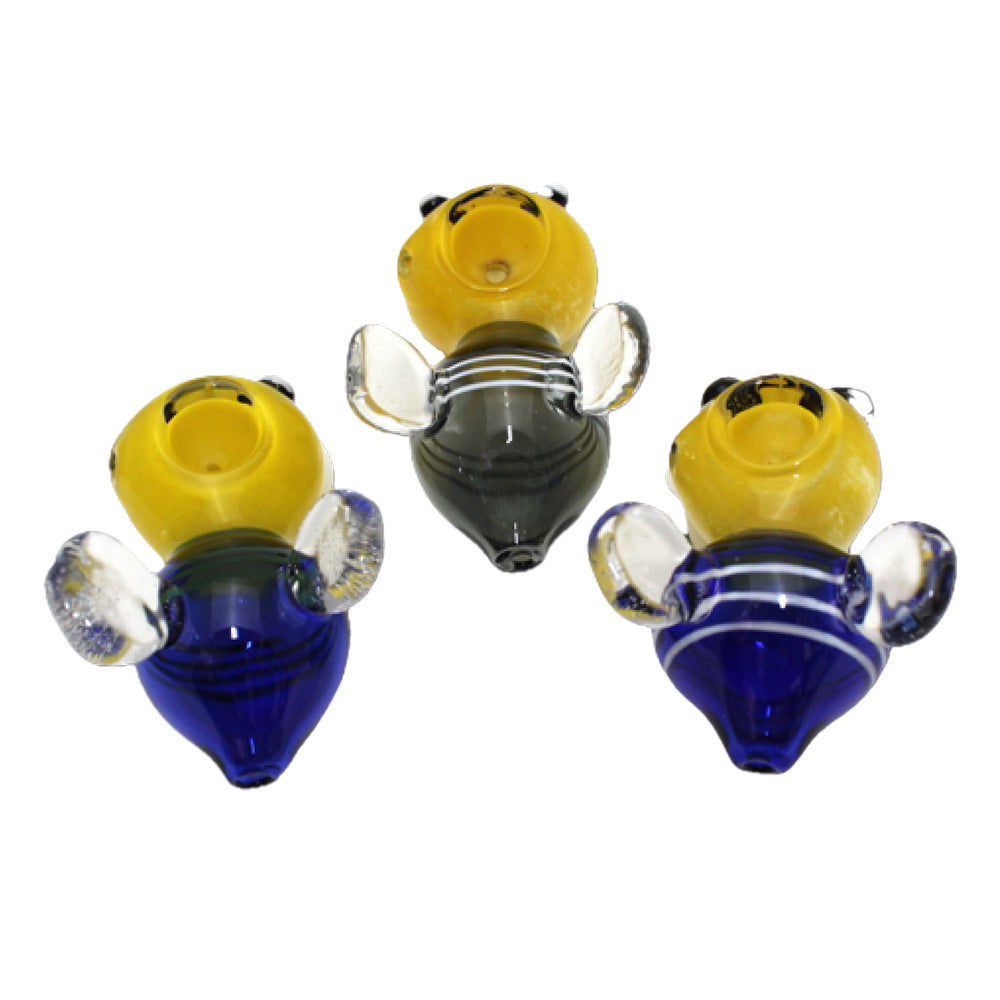 3.5-inch yellow head wings flies design heavy-duty glass pipe featuring a vibrant yellow head, winged fly detailing, sturdy glass construction, smooth finish, and artistic design.