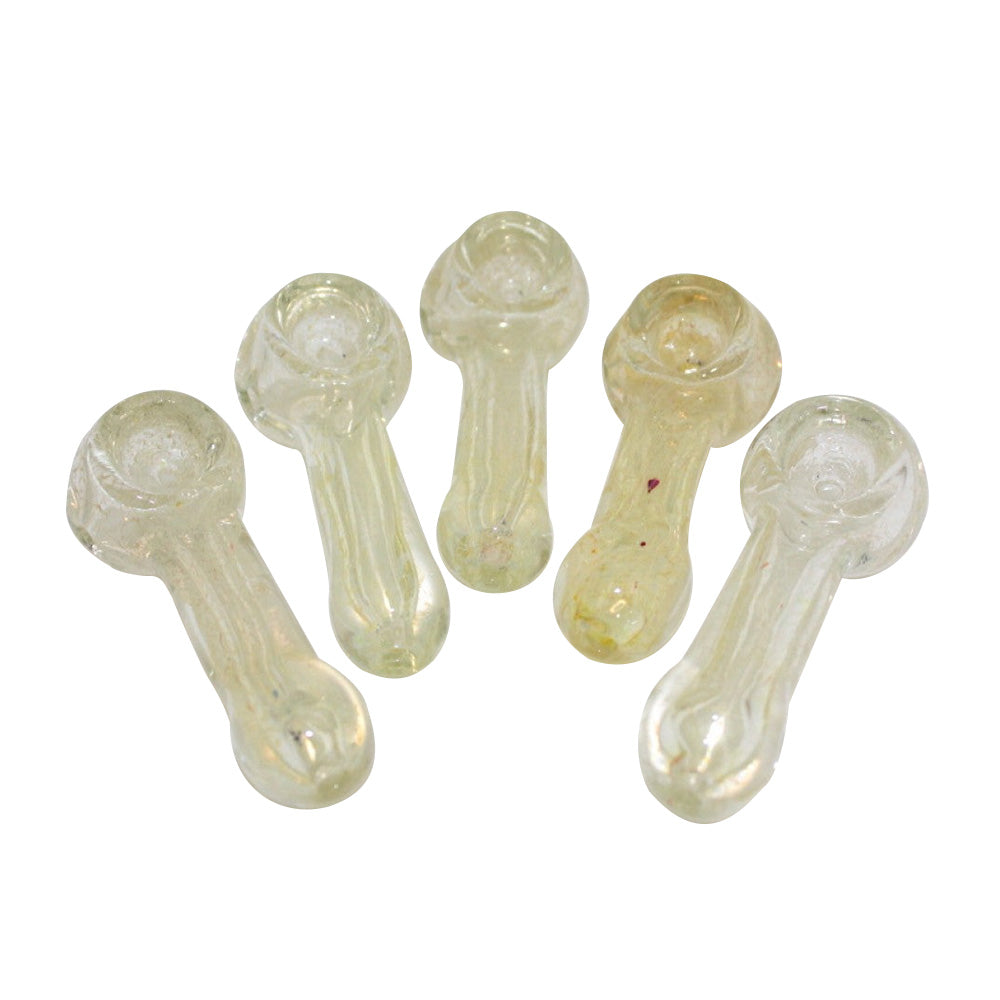 3-inch silver fumed clear glass hand pipe featuring transparent glass, silver fumed detailing, subtle color variations, smooth finish, and compact design.