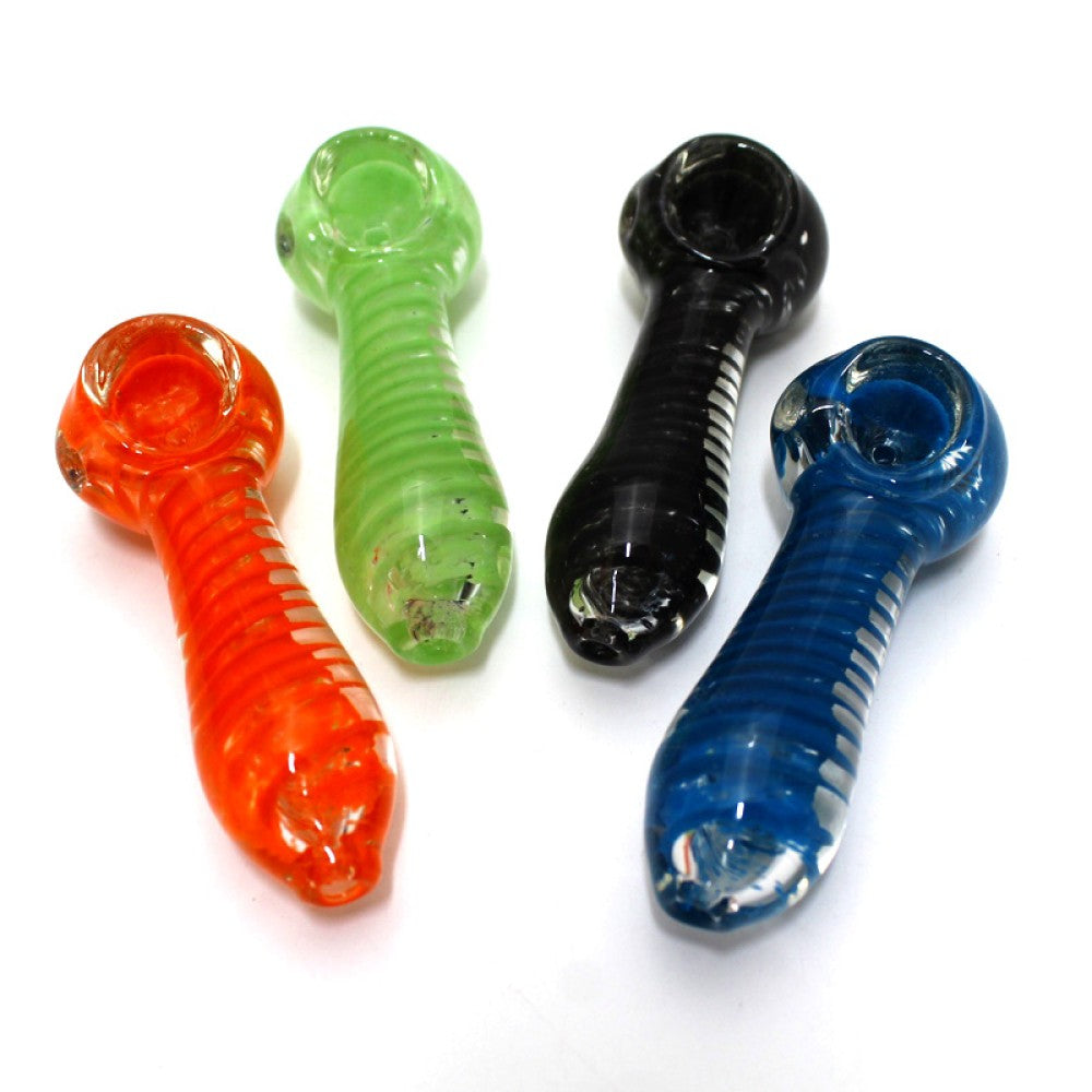 3-inch solid color swirl design glass hand pipe featuring smooth glass construction, vibrant solid color, artistic swirl detailing, compact size, and polished finish.