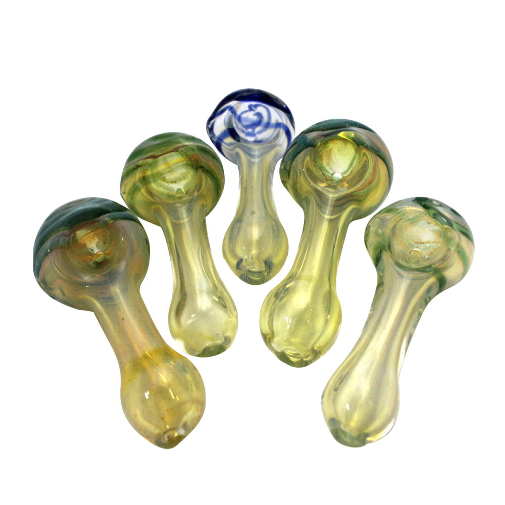 3-inch swirl color head glass hand pipe featuring colorful swirl detailing, distinctive head design, smooth glass construction, and compact profile.