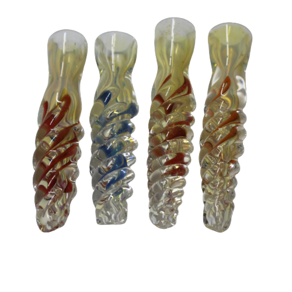 3-inch twisted frit color chillum featuring colorful frit detailing, unique twisted design, smooth glass construction, compact size, and artistic styling.