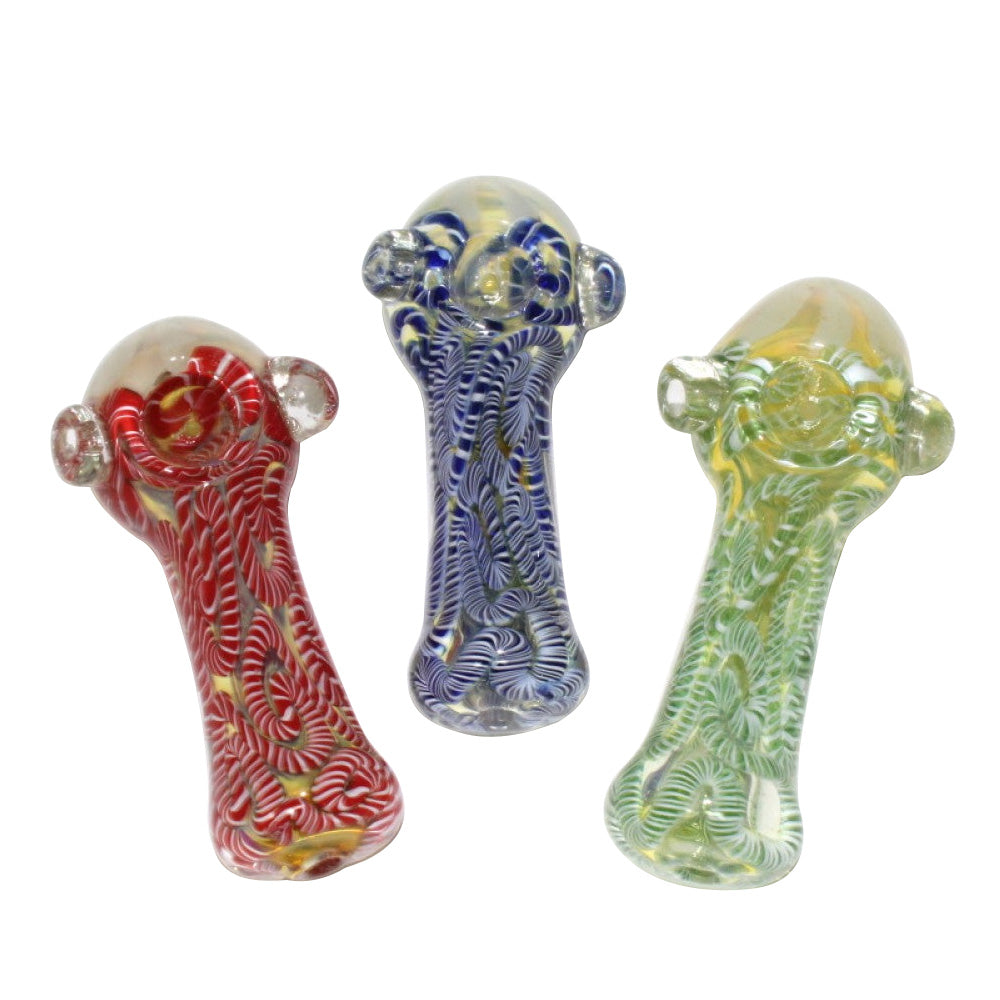 4.5-inch flower head thick heavy-duty glass hand pipe featuring a unique floral design, thick glass construction, smooth polished finish, sturdy build, and artistic detailing.