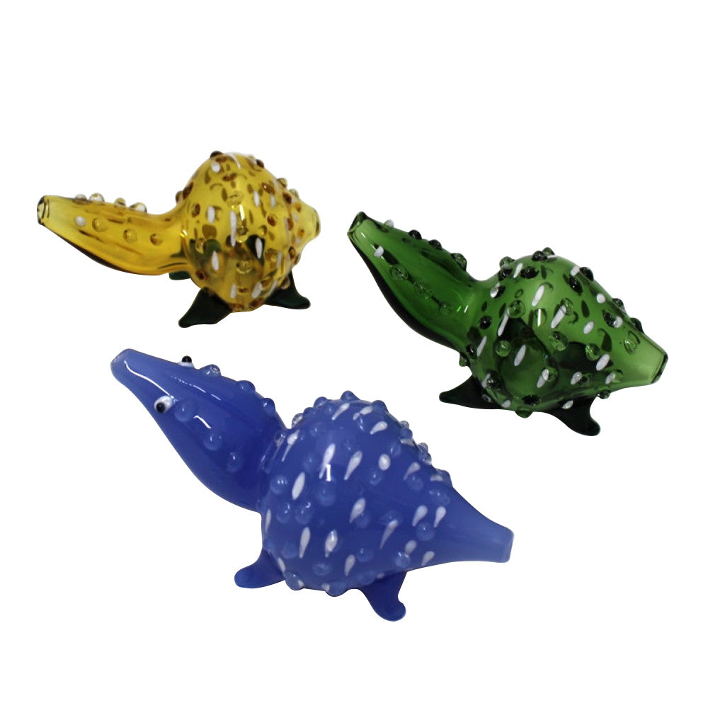 4.5-inch frog shape assorted color glass hand pipe featuring a unique frog-inspired design, vibrant color variations, durable glass construction, smooth polished finish, and artistic detailing.