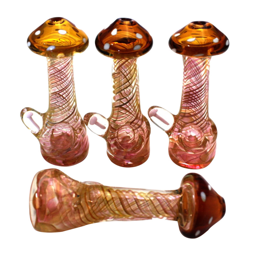 4.5-inch gold fumed mushroom extra heavy-duty glass hand pipe featuring a unique mushroom-inspired design, gold-fumed detailing, thick glass construction, smooth polished finish, and sturdy build.