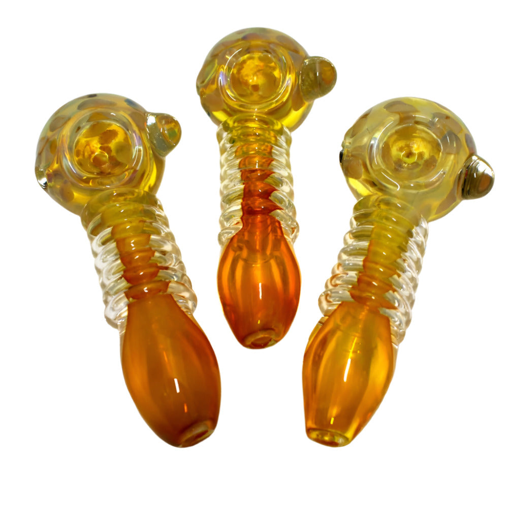 4.5-inch gold fumed ribbed design heavy-duty glass hand pipe featuring gold-fumed detailing, textured ribbed design, sturdy glass construction, smooth finish, and unique styling.
