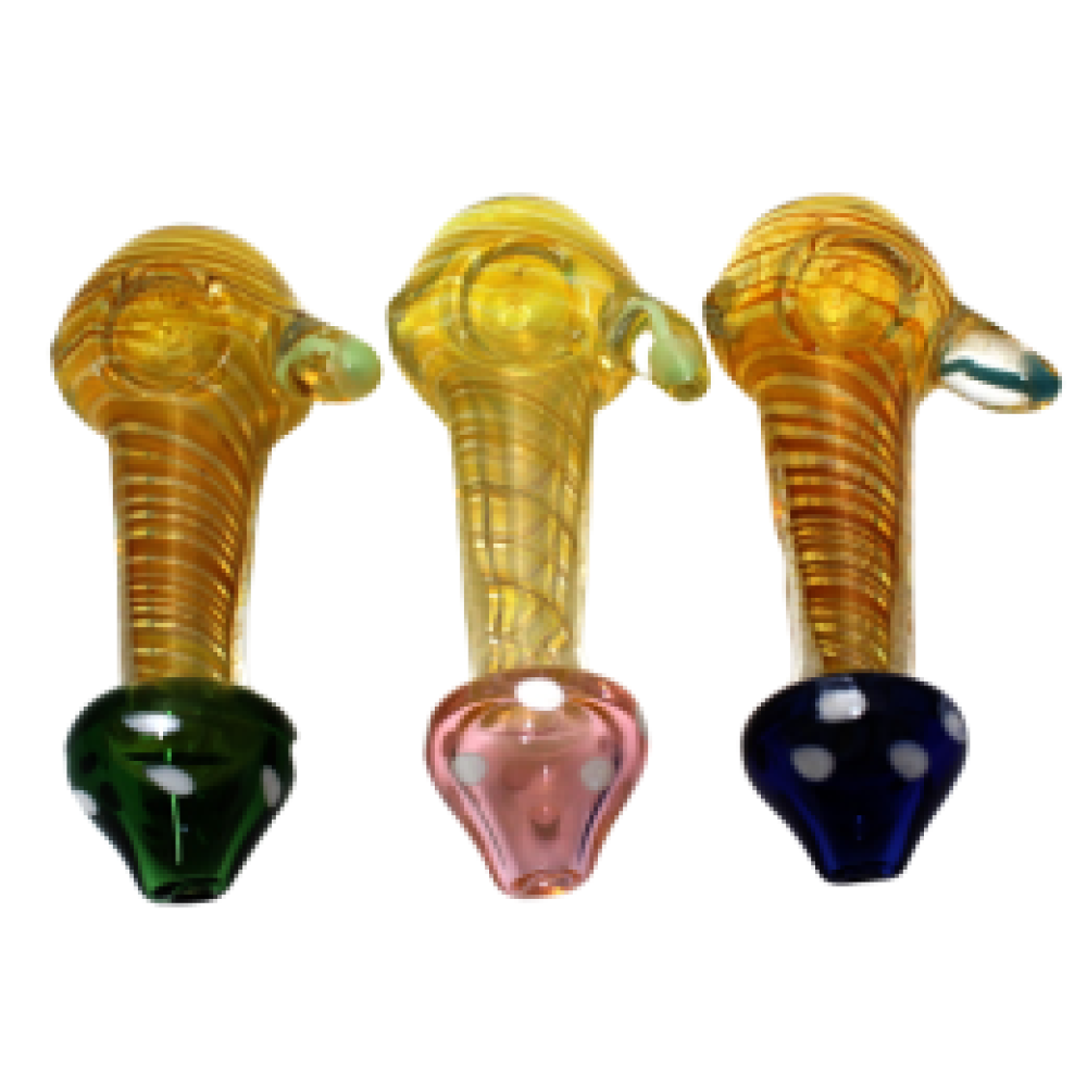 4.5-inch gold fumed standing mushroom glass hand pipe featuring a unique mushroom-inspired design, gold-fumed detailing, heavy-duty glass construction, smooth polished finish, and sturdy standing shape.