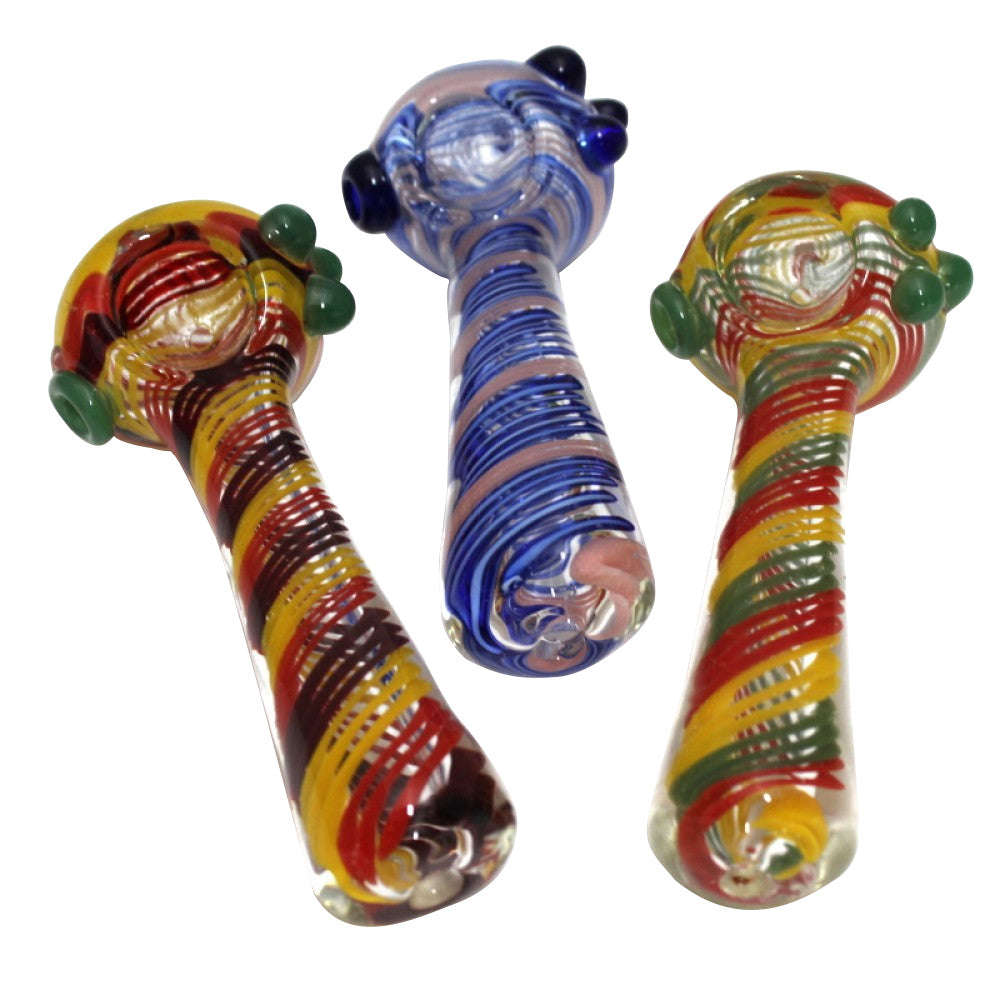 4.5-inch inner swirl color 3 dot heavy-duty glass hand pipe featuring vibrant swirl colors, three-dot detailing, sturdy glass construction, smooth polished finish, and unique artistic styling.