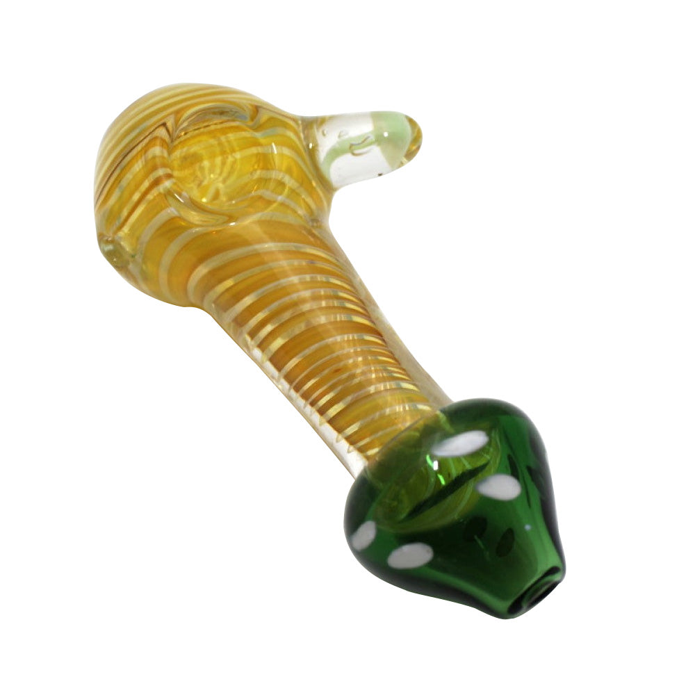 4.5-inch mushroom design gold fumed heavy-duty glass hand pipe featuring gold-fumed detailing, unique mushroom-inspired shape, extra-heavy glass construction, smooth polished finish, and distinctive styling.