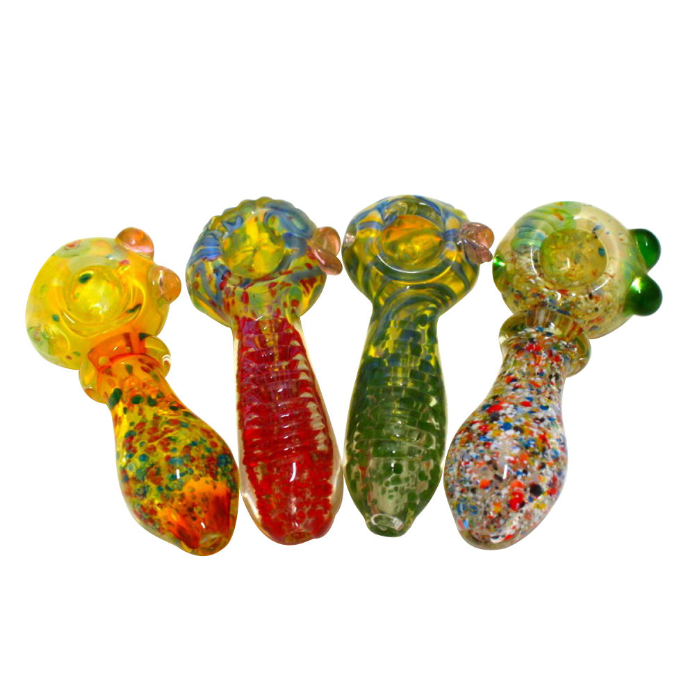 4-inch art color thick glass hand pipe featuring colorful artistic detailing, vibrant patterns, thick glass construction, smooth polished finish, and distinctive design.