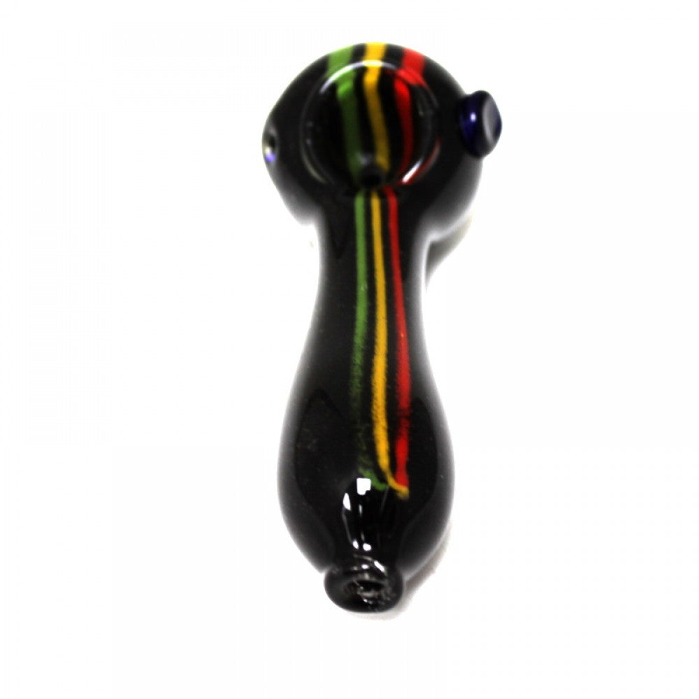 4-inch black Rasta color glass hand pipe featuring a solid black finish, vibrant Rasta-inspired accents, heavy-duty glass construction, smooth surface, and distinctive artistic styling.