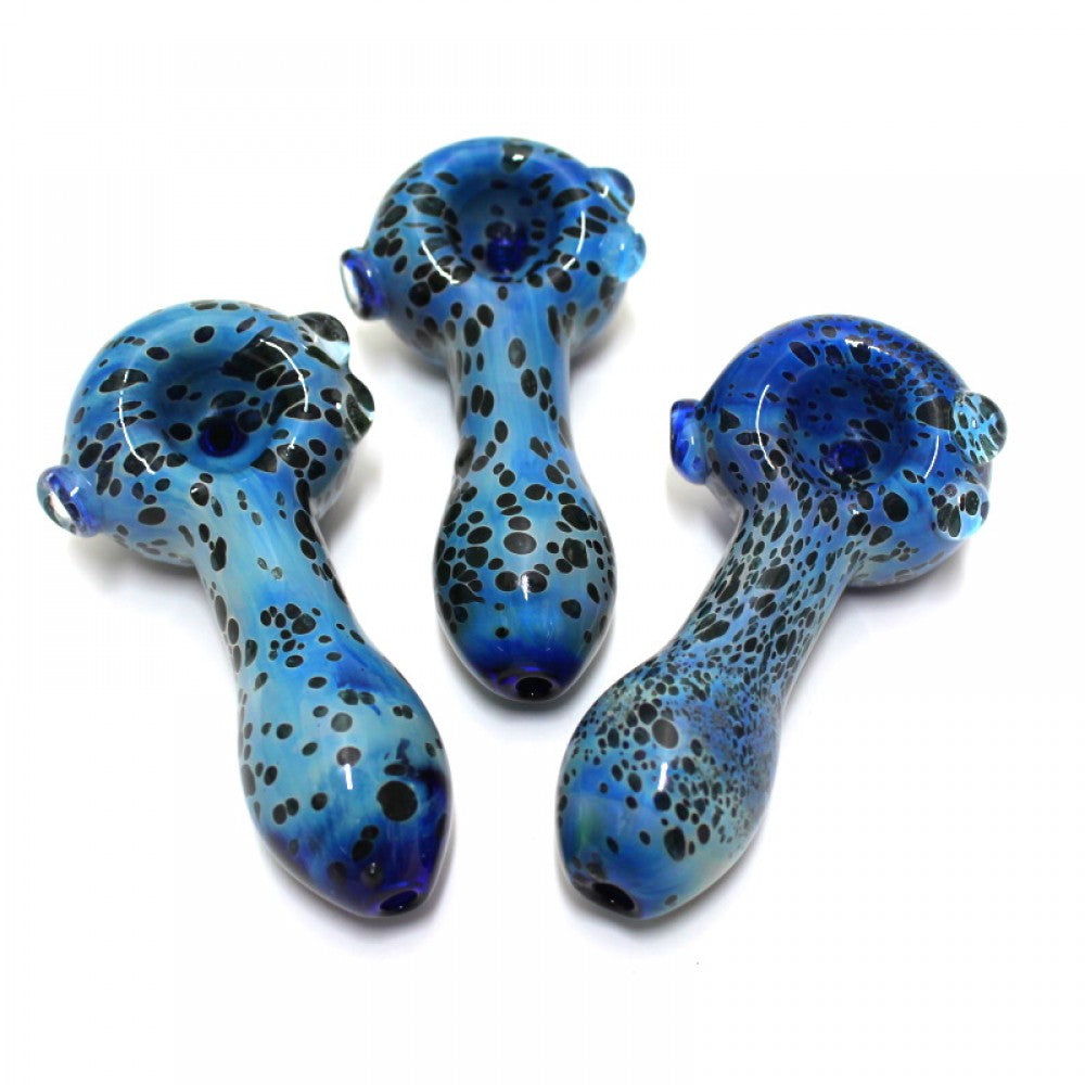 4-inch blue art color heavy-duty glass hand pipe featuring vibrant blue artwork, sturdy glass construction, smooth polished finish, compact size, and distinctive artistic styling.