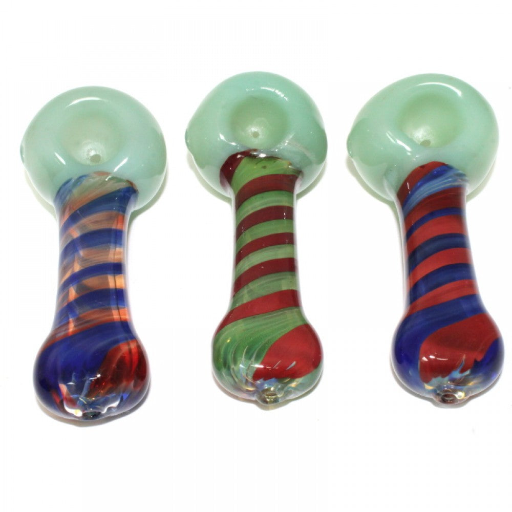 4-inch blue purple green swirl color heavy-duty glass hand pipe featuring vibrant swirl patterns, sturdy glass construction, smooth polished finish, compact size, and artistic styling.