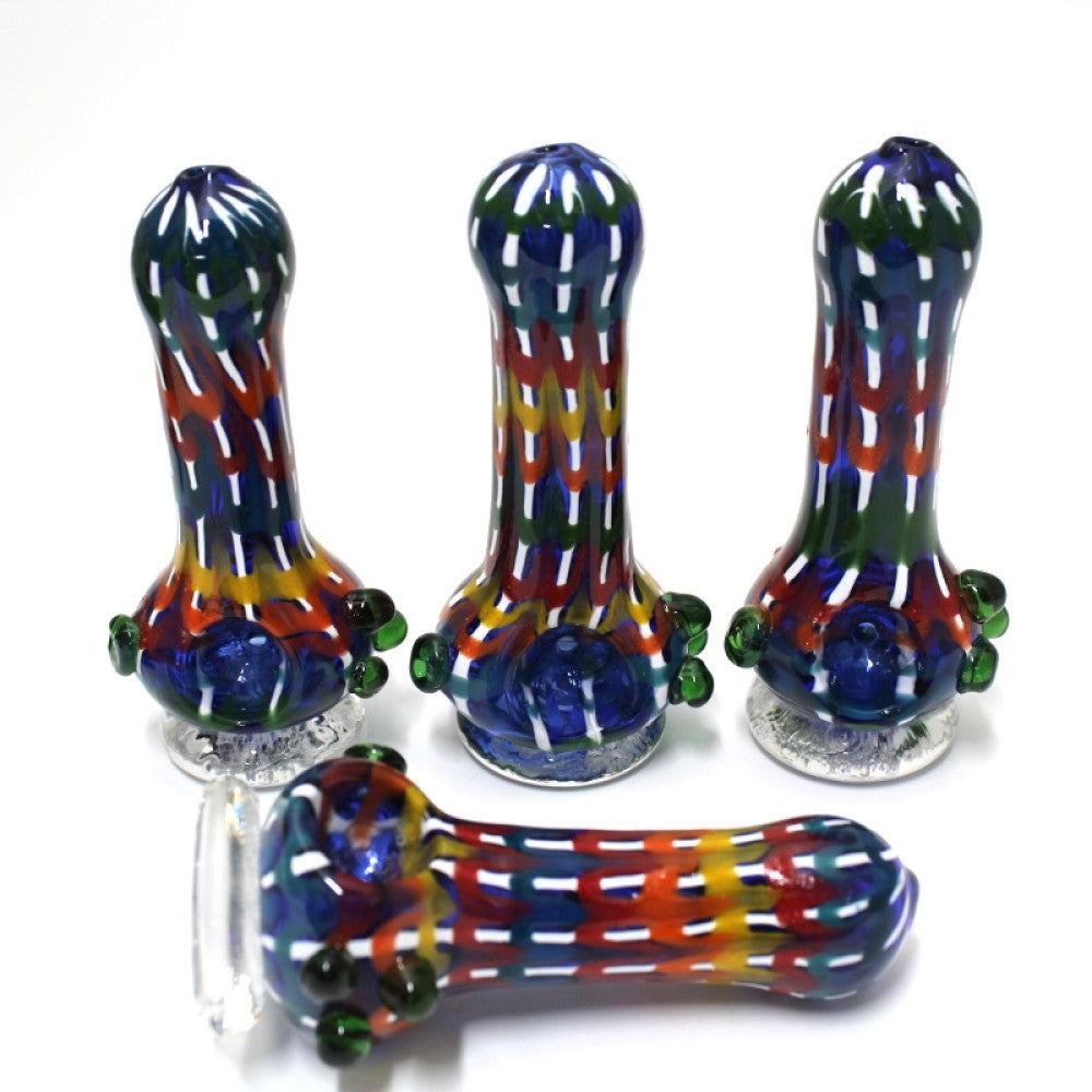 4-inch bubble art multicolor standing glass hand pipe featuring vibrant colors, artistic bubble detailing, heavy-duty construction, smooth finish, and compact upright design.