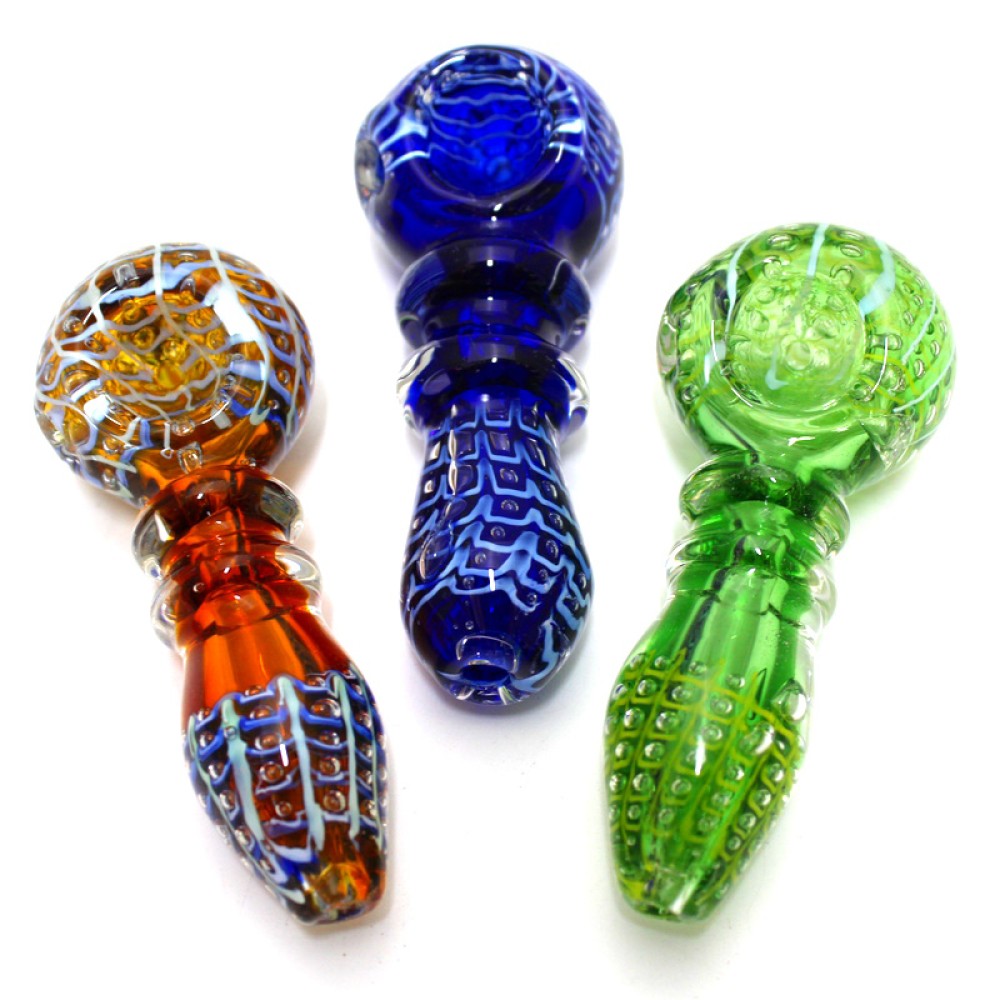 4-inch bubble art step design heavy-duty glass hand pipe featuring colorful bubble detailing, sturdy glass construction, smooth finish, and artistic styling.
