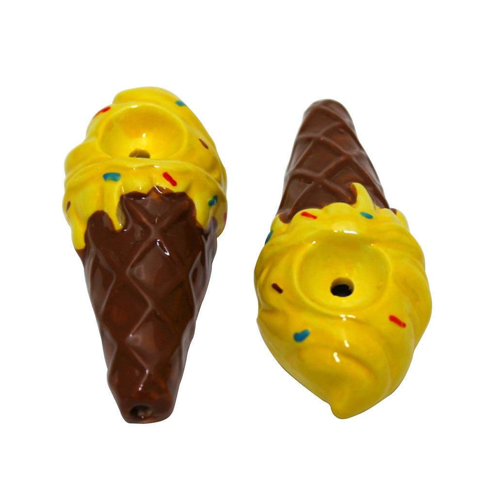4-inch ceramic ice cream mini hand pipe featuring a fun ice cream-inspired design, compact size, durable ceramic construction, and decorative artwork.