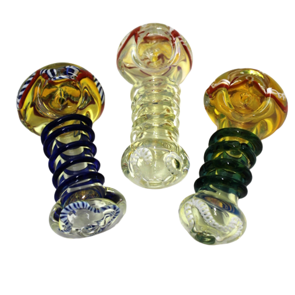 4-inch coil design swirl color head heavy-duty glass hand pipe featuring vibrant swirl colors, unique coil detailing, sturdy glass construction, smooth finish, and artistic design.