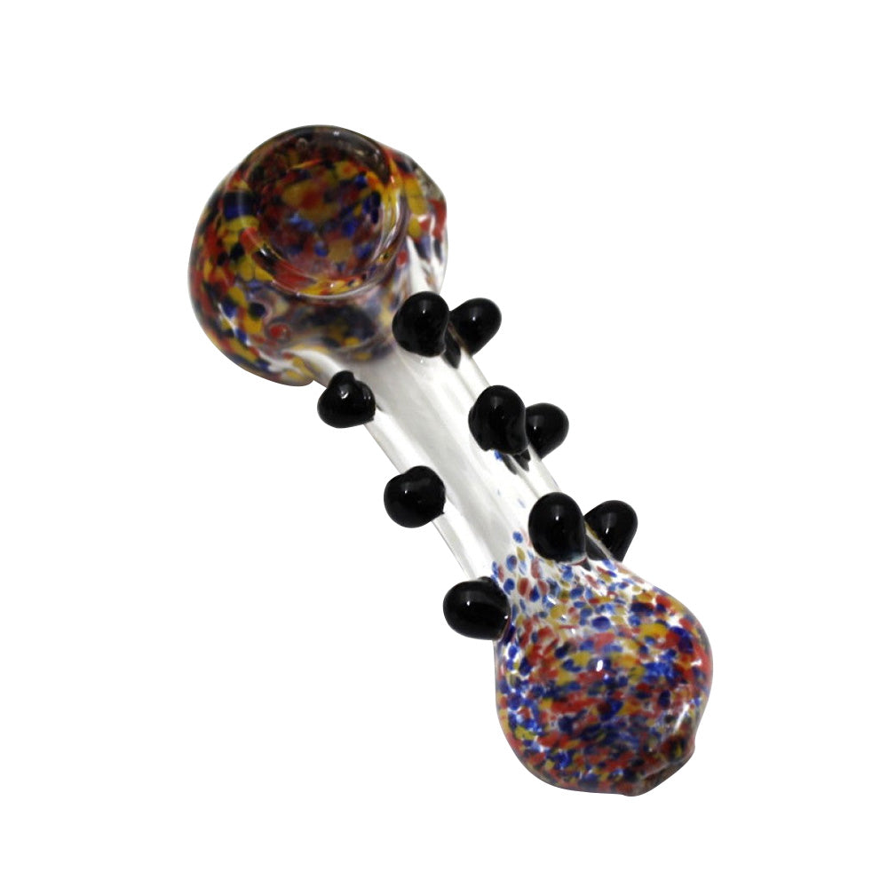 4-inch confetti dotted color heavy-duty glass hand pipe featuring vibrant multicolor dots, sturdy glass construction, smooth polished finish, compact size, and artistic design.
