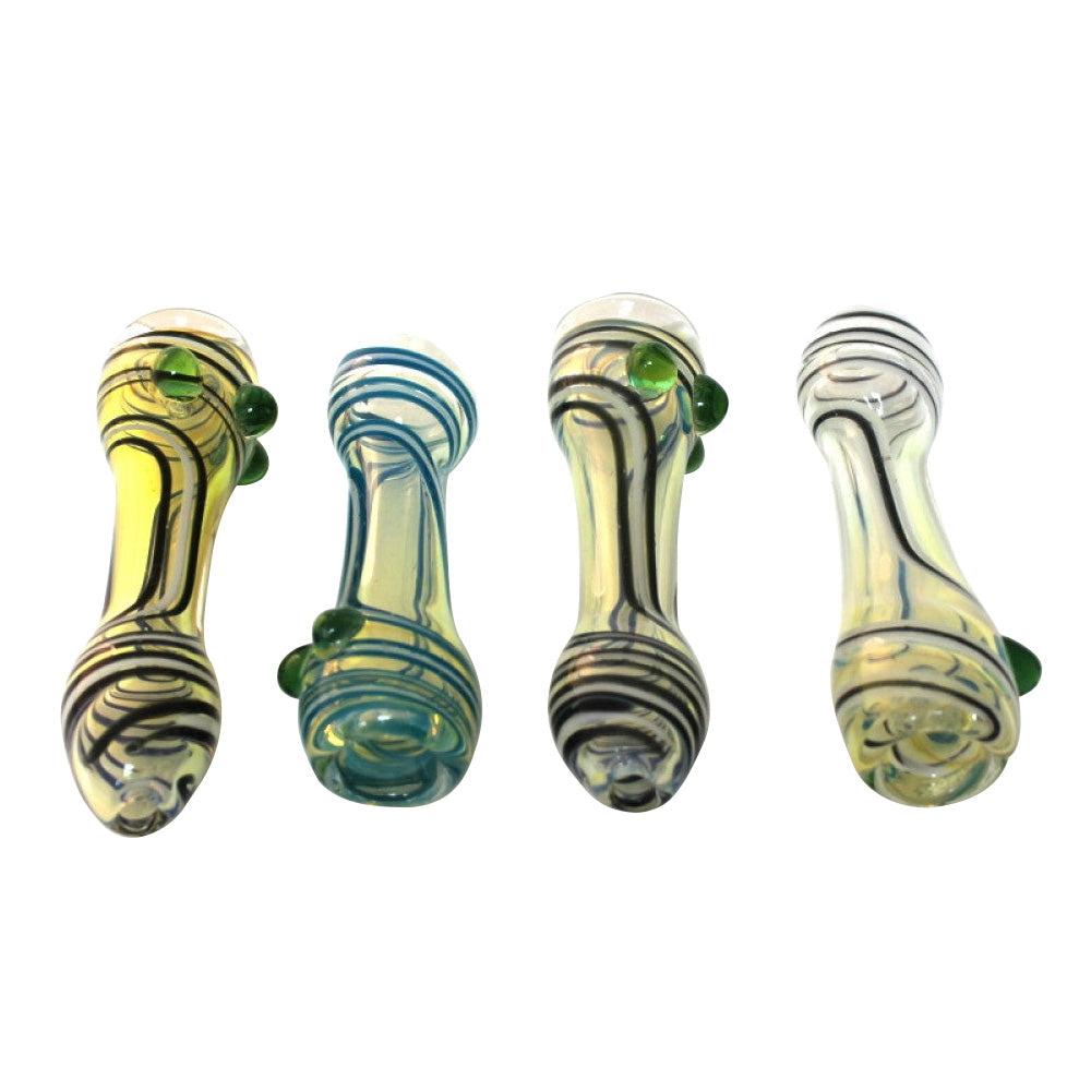 4-inch green dot swirl color glass chillum featuring colorful swirl patterns, three green dot accents, heavy-duty glass construction, and polished finish.