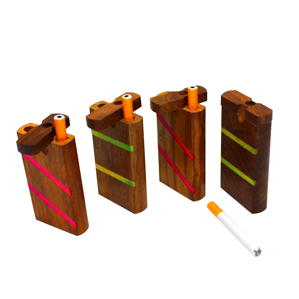 4-inch handmade wooden dugout with 3-inch metal one hitter featuring natural wood grain, handcrafted construction, compact design, smooth finish, and durable metal accessory.