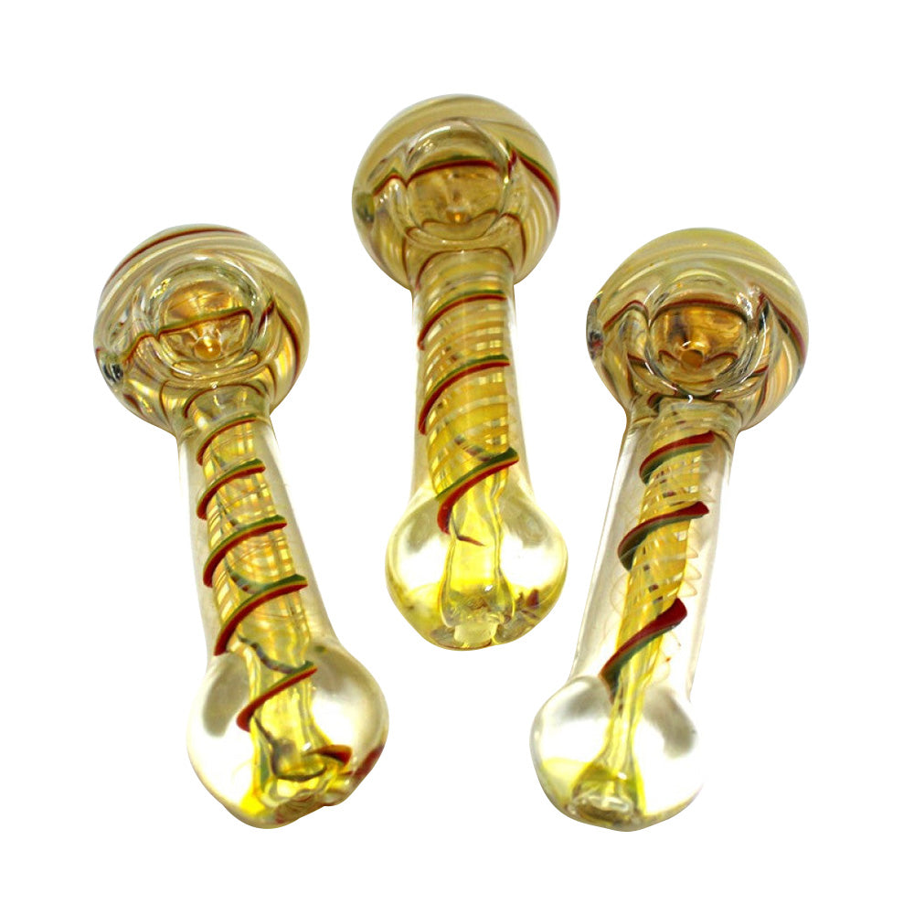 4-inch inner swirl Rasta color heavy-duty thick glass hand pipe featuring vibrant red, yellow, and green swirls, sturdy construction, and a smooth finish.