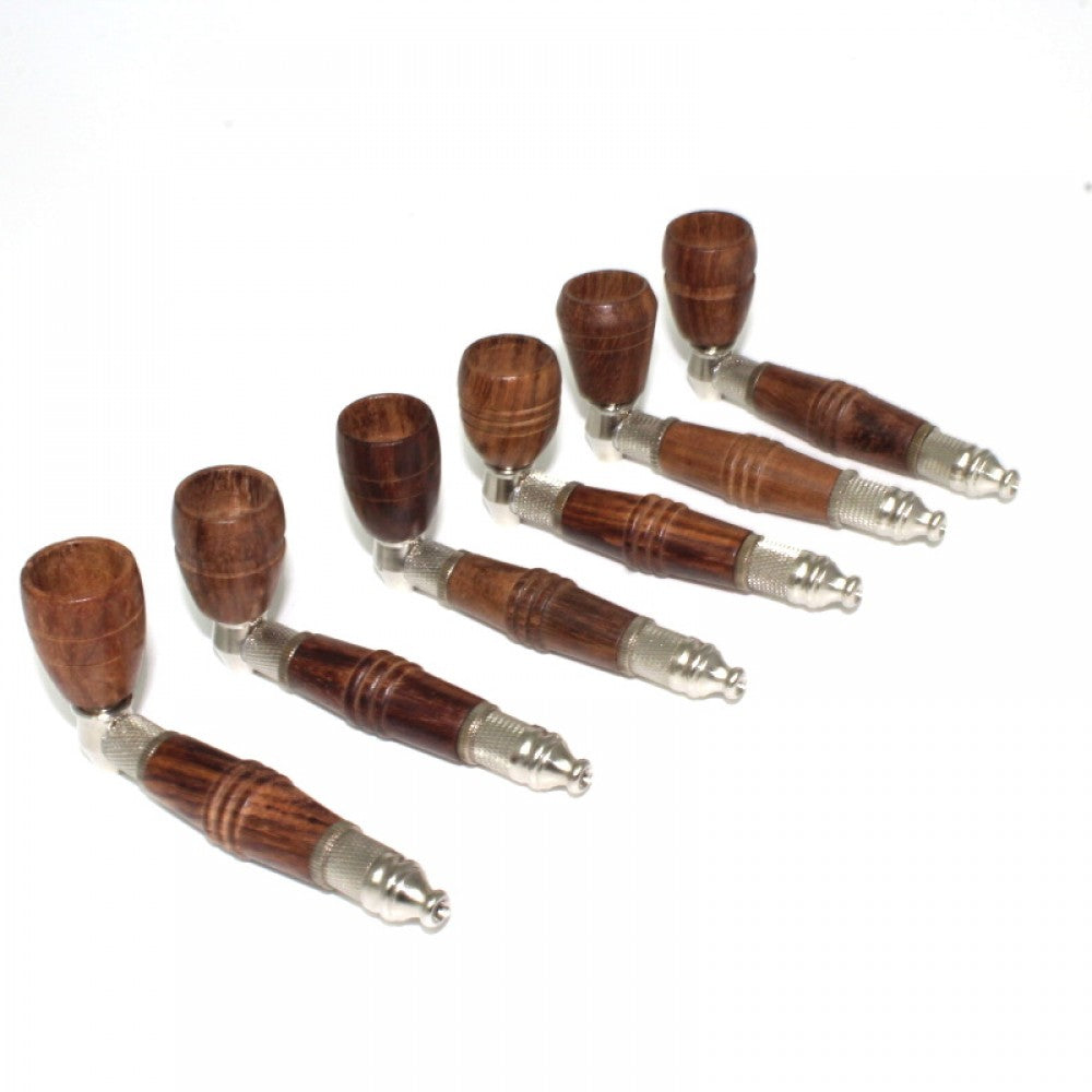 4-inch metal and wood pipe with wooden bowl featuring a durable metal body, natural wood grain, compact design, and classic rustic styling.