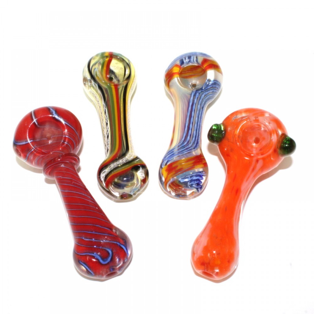 4-inch mixed color glass hand pipe 25-piece bundle featuring assorted vibrant designs, heavy-duty glass construction, smooth polished finish, and a retail-friendly variety of styles.