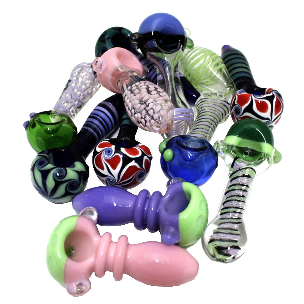 4-inch mixed and match new color heavy-duty glass hand pipes, 12-piece pack featuring assorted colors, sturdy glass construction, smooth finishes, and unique designs.