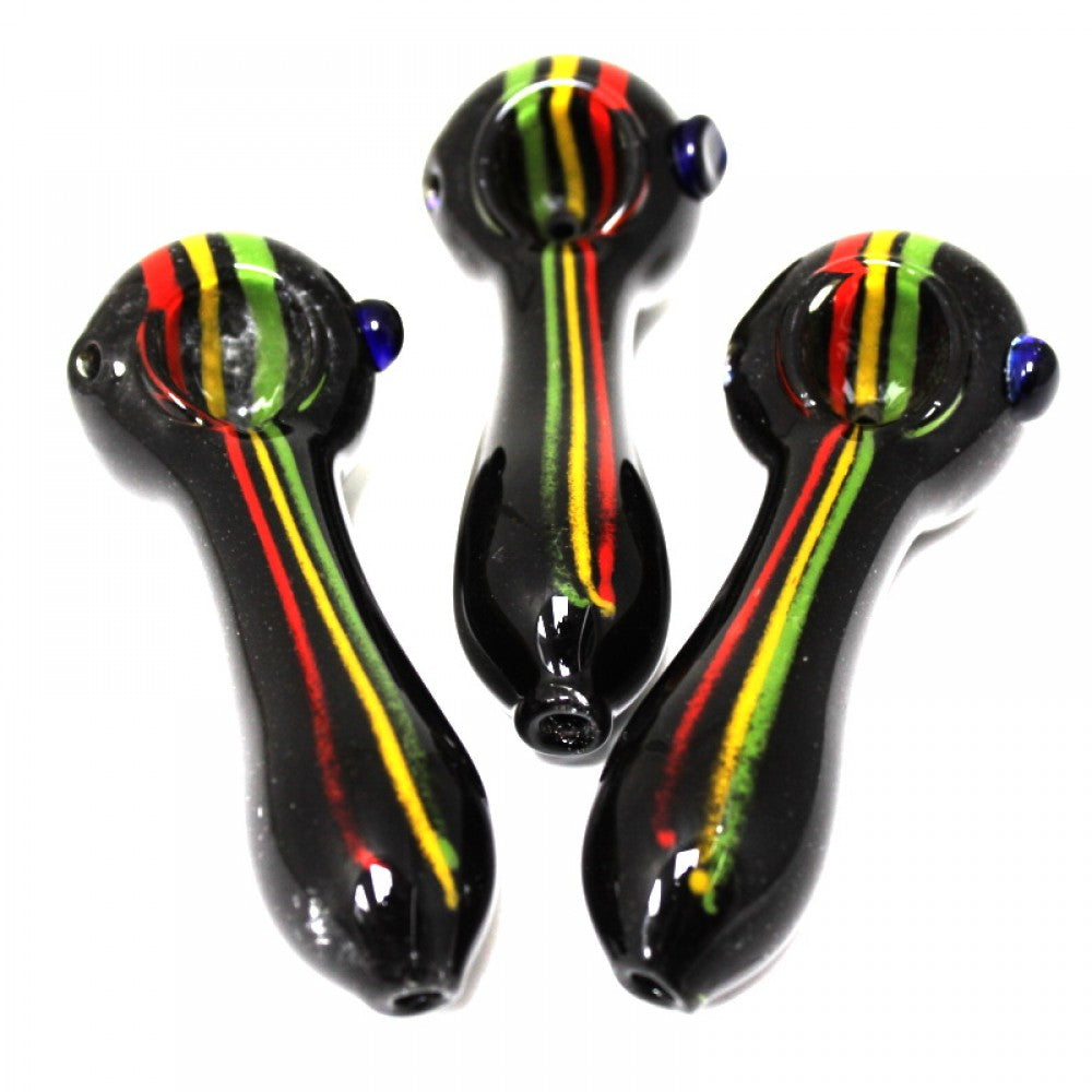 4-inch solid black Rasta color heavy-duty glass hand pipe featuring a bold black finish, vibrant Rasta color accents, sturdy glass construction, smooth polished surface, and artistic design.