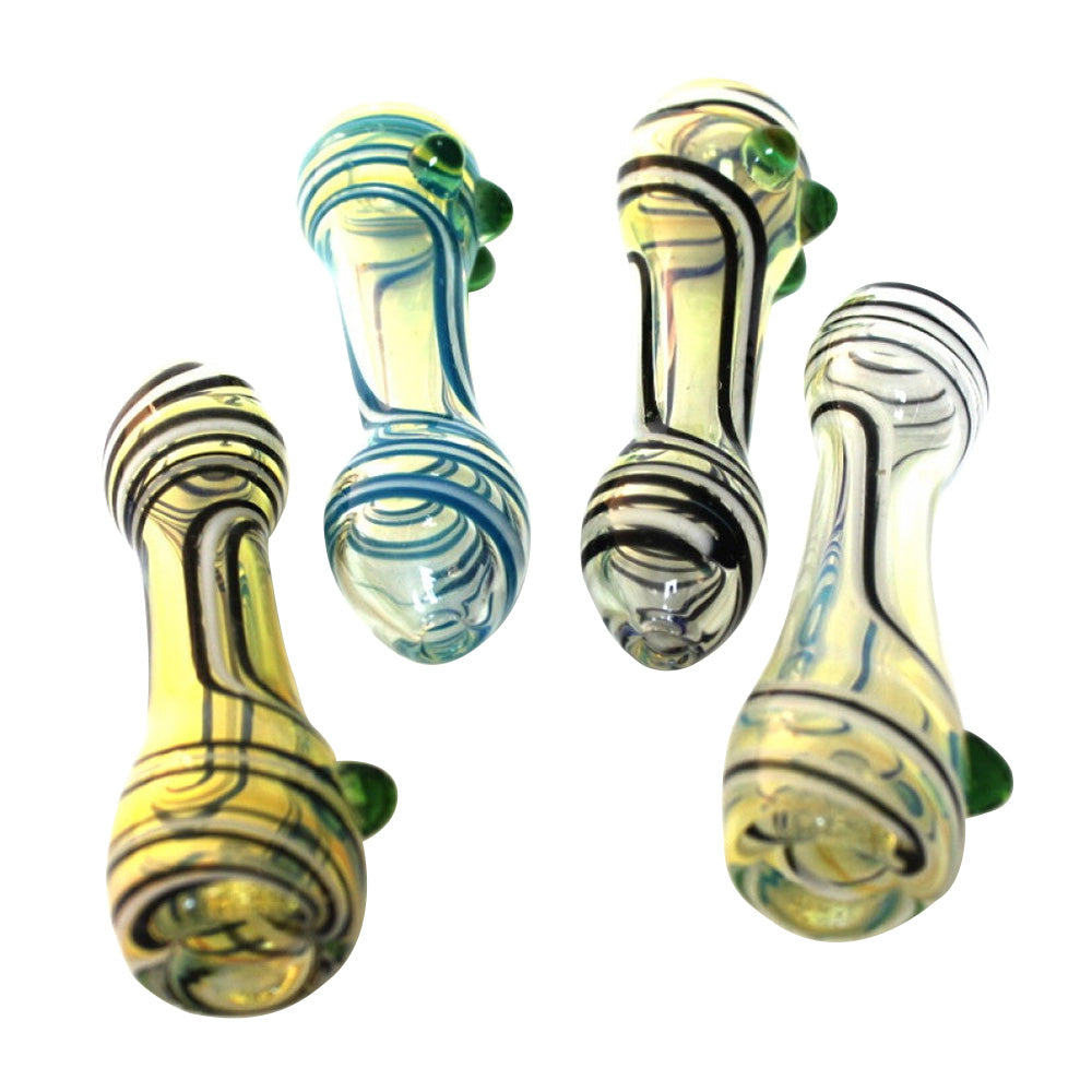 4-inch swirl color heavy-duty chillum featuring vibrant swirl patterns, three green dot accents, sturdy glass construction, polished finish, and artistic design.
