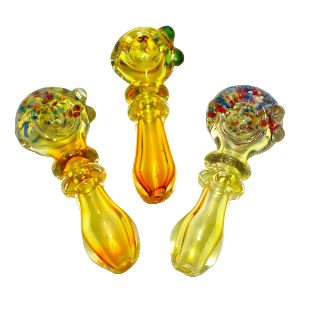 4-inch transparent confetti head heavy-duty glass hand pipe featuring clear glass, colorful confetti detailing, sturdy construction, smooth polished finish, compact size, and unique styling.