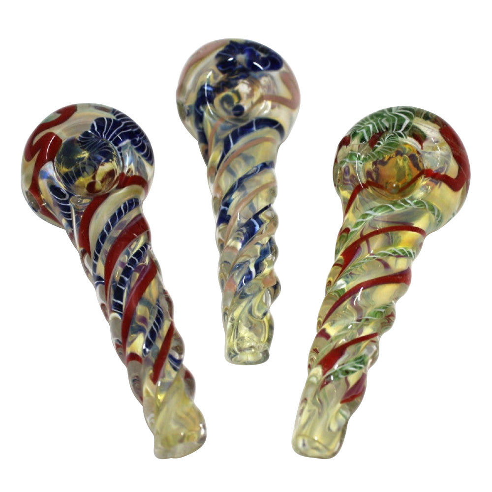 4-inch twisted design heavy-duty glass hand pipe featuring unique spiral detailing, sturdy glass construction, smooth polished finish, compact size, and distinctive styling.